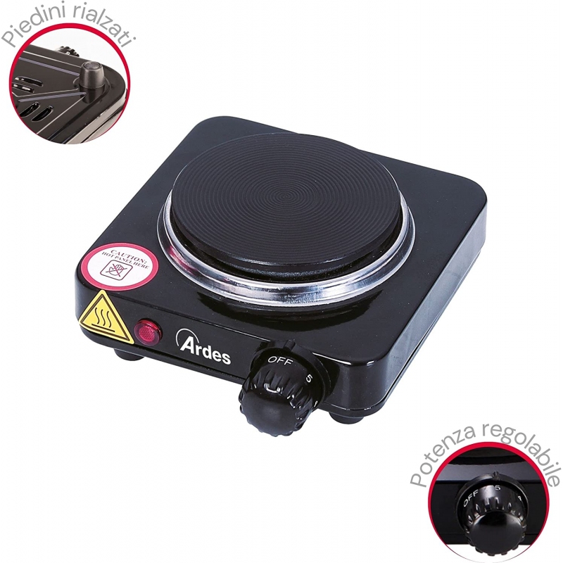 ARDES AR1F18 FORNELLO ELETTRICO PIASTRA IN GHISA 100MM POTENZA MAX 500W IDEALE PER CAMPER COLORE NERO - PROMO