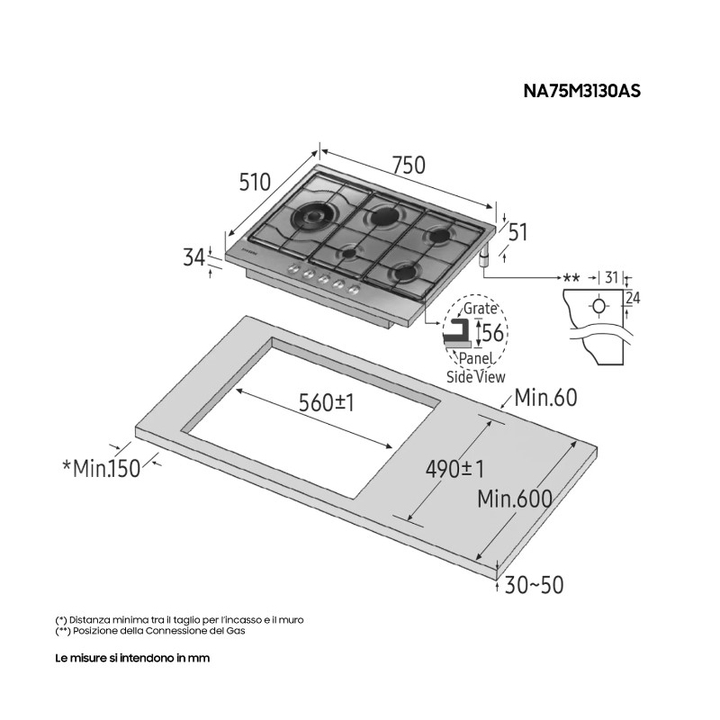 SAMSUNG NA75M3130AS PIANO COTTURA 75CM 5 FUOCHI...