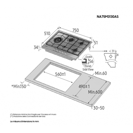 SAMSUNG NA75M3130AS PIANO COTTURA 75CM 5 FUOCHI A GAS - INOX