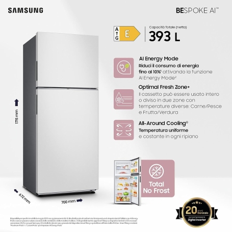 SAMSUNG RT38CB6624C1 FRIGORIFERO DOPPIA PORTA BESPOKE NO FROST 393LT BIANCO CLASSE E