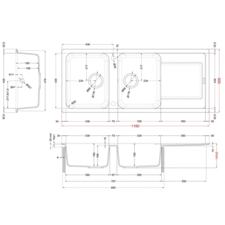 ELLECI LG250040 LAVELLO DA INCASSO LIFE500 116X50 CM 2 VASCHE + GOCCIOLATOIO GRANITEK NERO