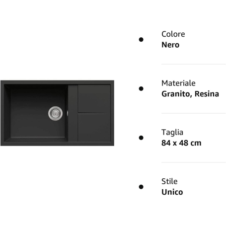 ELLECI LGU41040 LAVELLO 1 VASCA + GOCCIOLATOIO 86X50 CM IN GRANITEK NERO