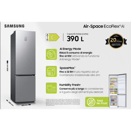SAMSUNG RB38C676CS9 FRIGORIFERO COMBINATO LIBERA INSTALLAZIONE NO FROST 390LT WIFI CLASSE C INOX