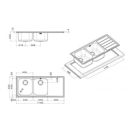 APELL LN1162ILBC LAVELLO 2 VASCHE CON GOCCIOLATOIO A SINISTRA 116x50 CM INOX SPAZZOLATO