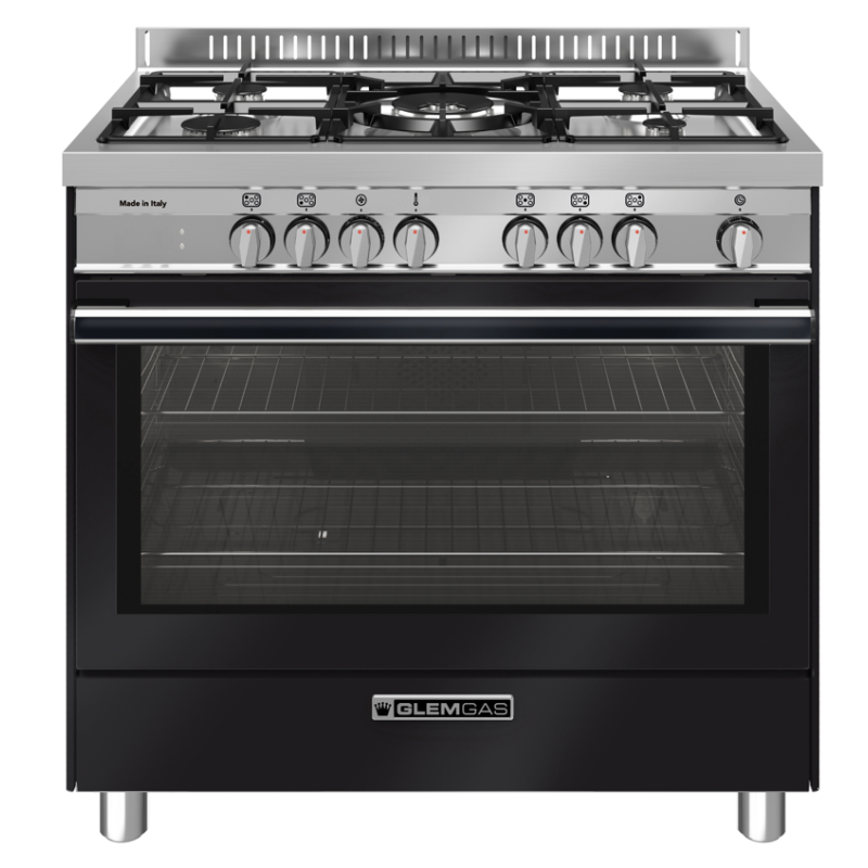 GLEM GAS ST965MBK Cucina a gas 90x60cm, 5 fuochi, Forno Elettrico 104lt, Colore nero