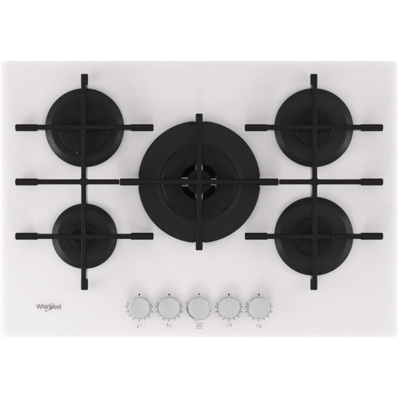 WHIRLPOOL GOWL 758/WH PIANO COTTURA 75CM 5 FUOCHI A GAS GRIGLIE IN GHISA IN VETRO BIANCO - GOWL758WH