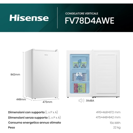 HISENSE FV78D4AWE CONGELATORE VERTICALE 61LT 3 CASSETTI CLASSE E COLORE BIANCO