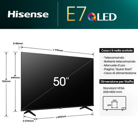 HISENSE 50E79NQ TV Q-LED 50'' SMART TV UHD 4K WIFI CLASSE E
