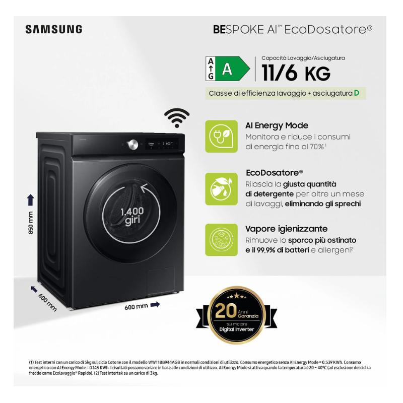 SAMSUNG WD11DB7B85GBU3 LAVASCIUGA 11/6 KG 1400...