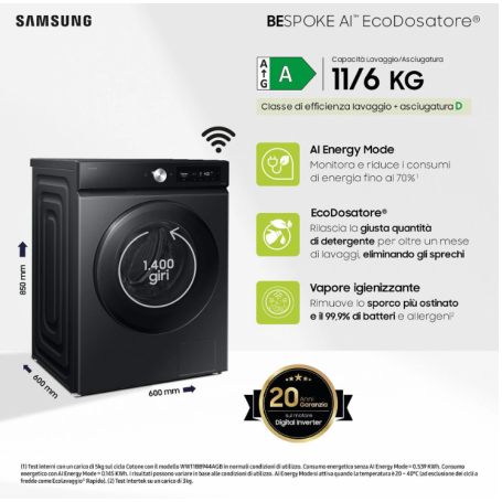 SAMSUNG WD11DB7B85GBU3 LAVASCIUGA 11/6 KG 1400 GIRI ECODOSATORE WIFI CLASSE A/D
