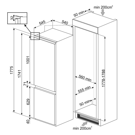 SMEG CP177TNE FRIGORIFERO COMBINATO DA INCASSO 254LT TOTAL NO FROST CLASSE E - PROMO