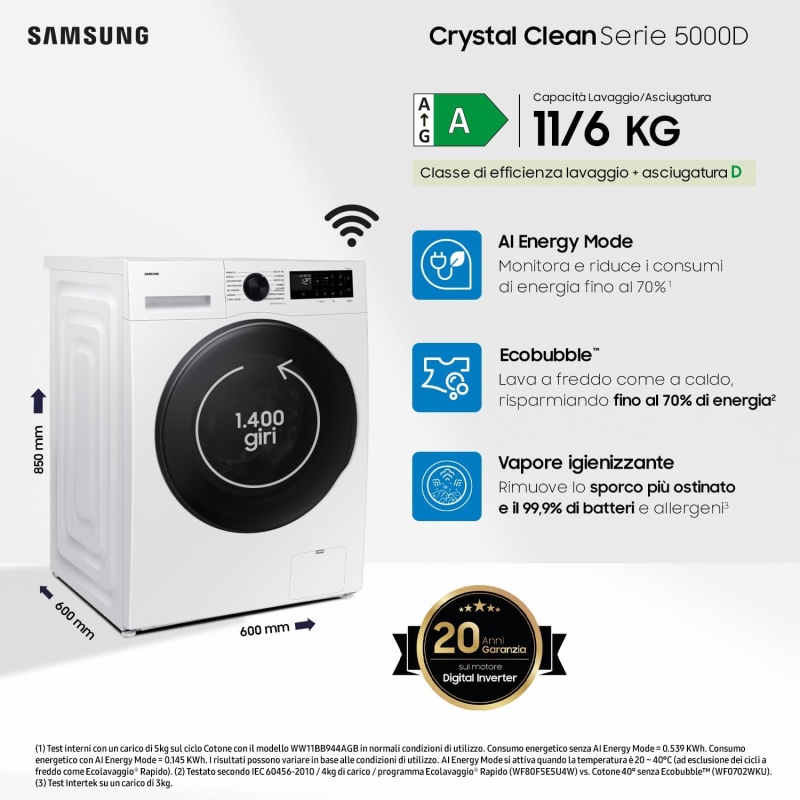 SAMSUNG WD11DG5B15BEET LAVASCIUGA 11/6 KG 1400...