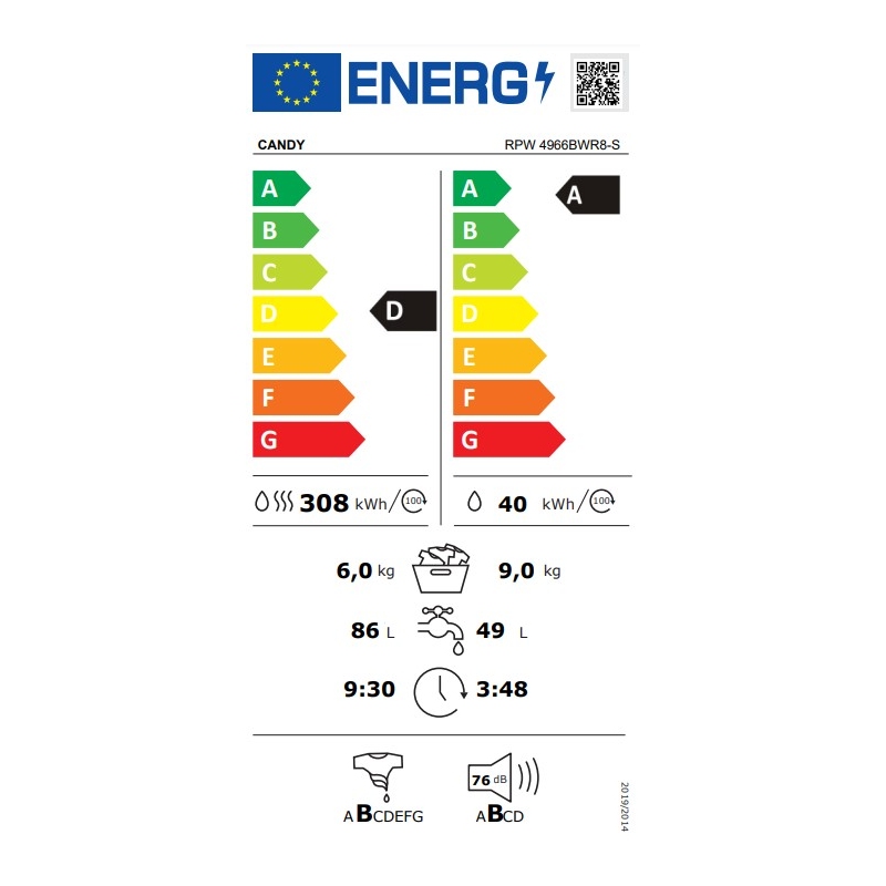 CANDY RAPIDO' PRO RPW 4966BWR8-S LAVASCIUGA 9/6...