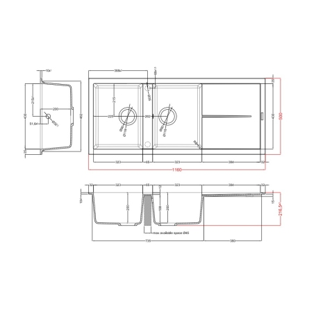ELLECI LGU50040 UNICO 500 LAVELLO 2 VASCHE + GOCCIOLATOIO REVESIBILE IN GRANITEK NERO