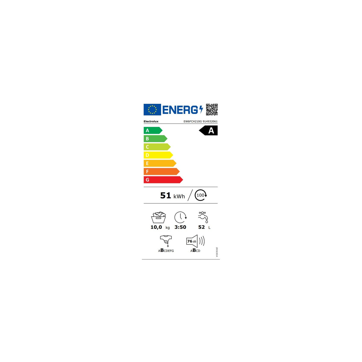 ELECTROLUX EW6FCH210G LAVATRICE 10KG 1400 GIRI CLASSE A