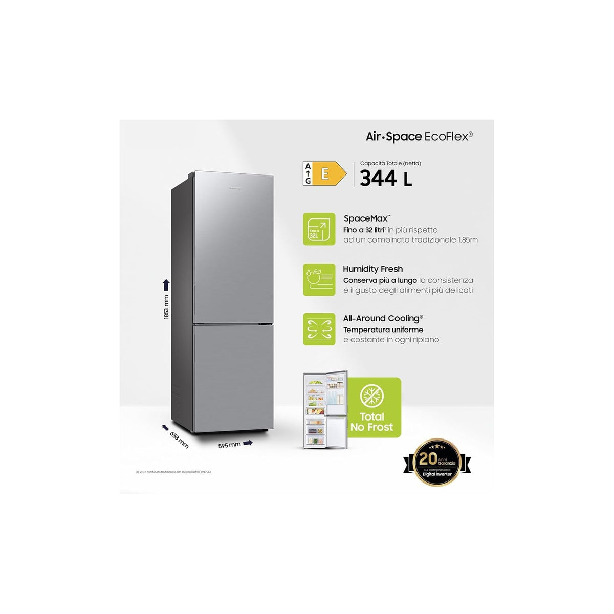 SAMSUNG RB33B610ESA FRIGORIFERO COMBINATO 344 LT TOTAL NO FROST CLASSE E INOX