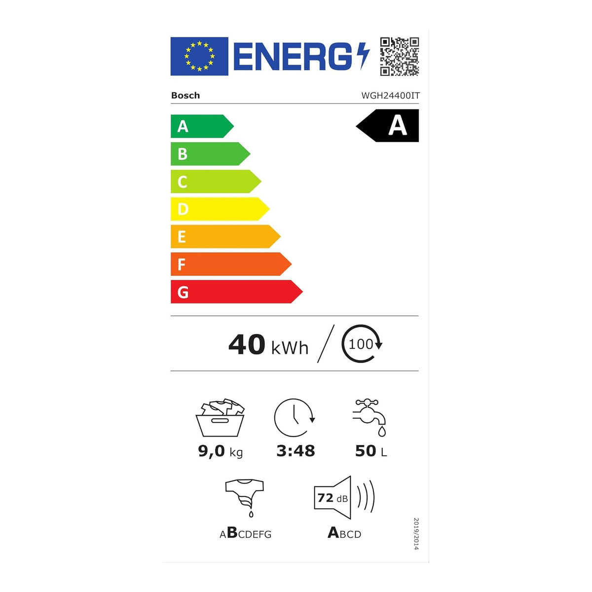 BOSCH WGH24400IT LAVATRICE 9KG 1400 GIRI VAPORE WIFI CLASSE A