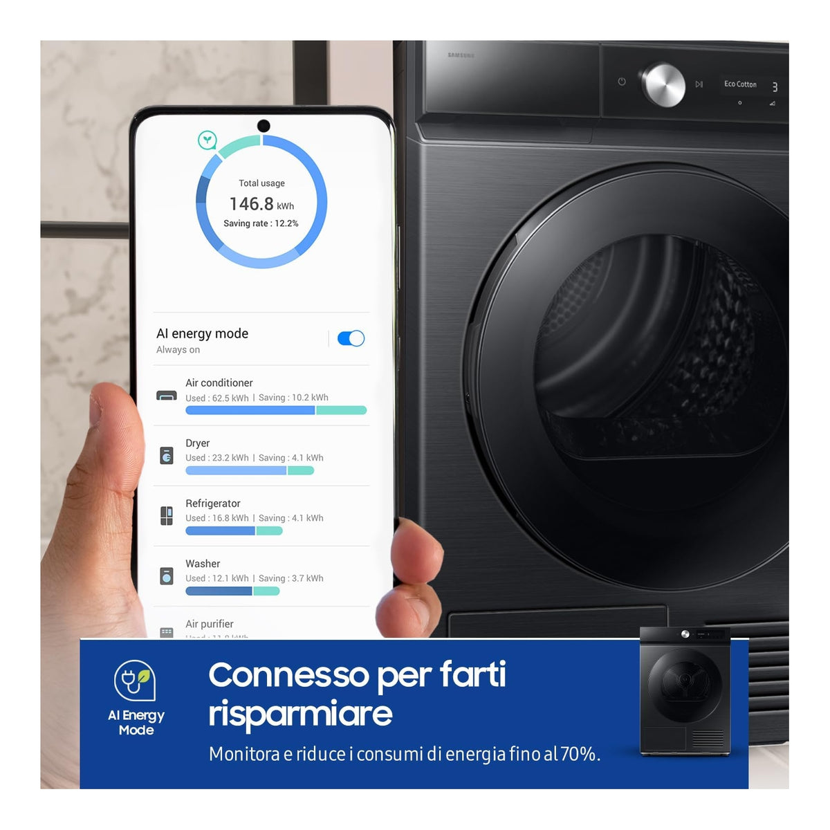 SAMSUNG DV90DB7845GBU3 ASCIUGATRICE 9KG WIFI BESPOKE AI CLASSE A COLORE NERO