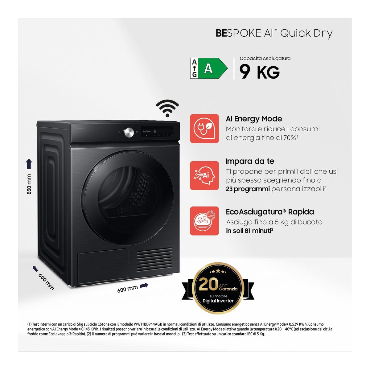 SAMSUNG DV90DB7845GBU3 ASCIUGATRICE 9KG WIFI BESPOKE AI CLASSE A COLORE NERO