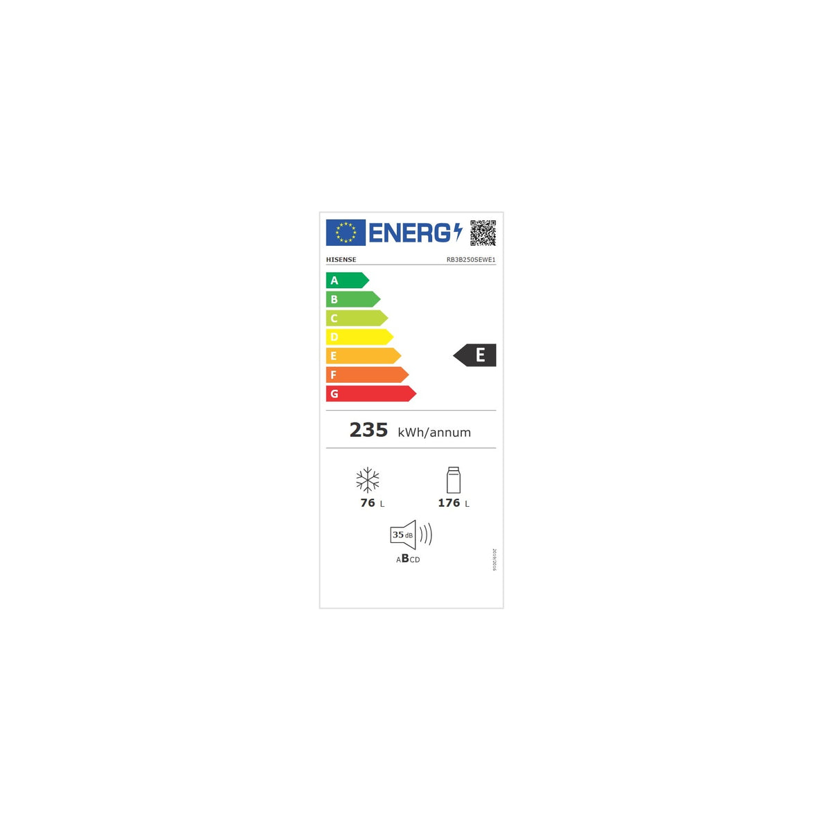 HISENSE RB3B250SEWE1 FRIGORIFERO COMBINATO DA INCASSO NO FROST 252 LT CLASSE E