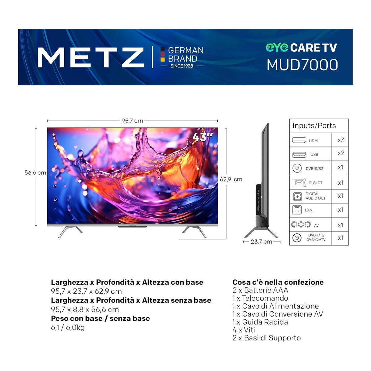 Metz Tv 43'' 43MUD7000Z Smart Tv Wifi 4K UHD