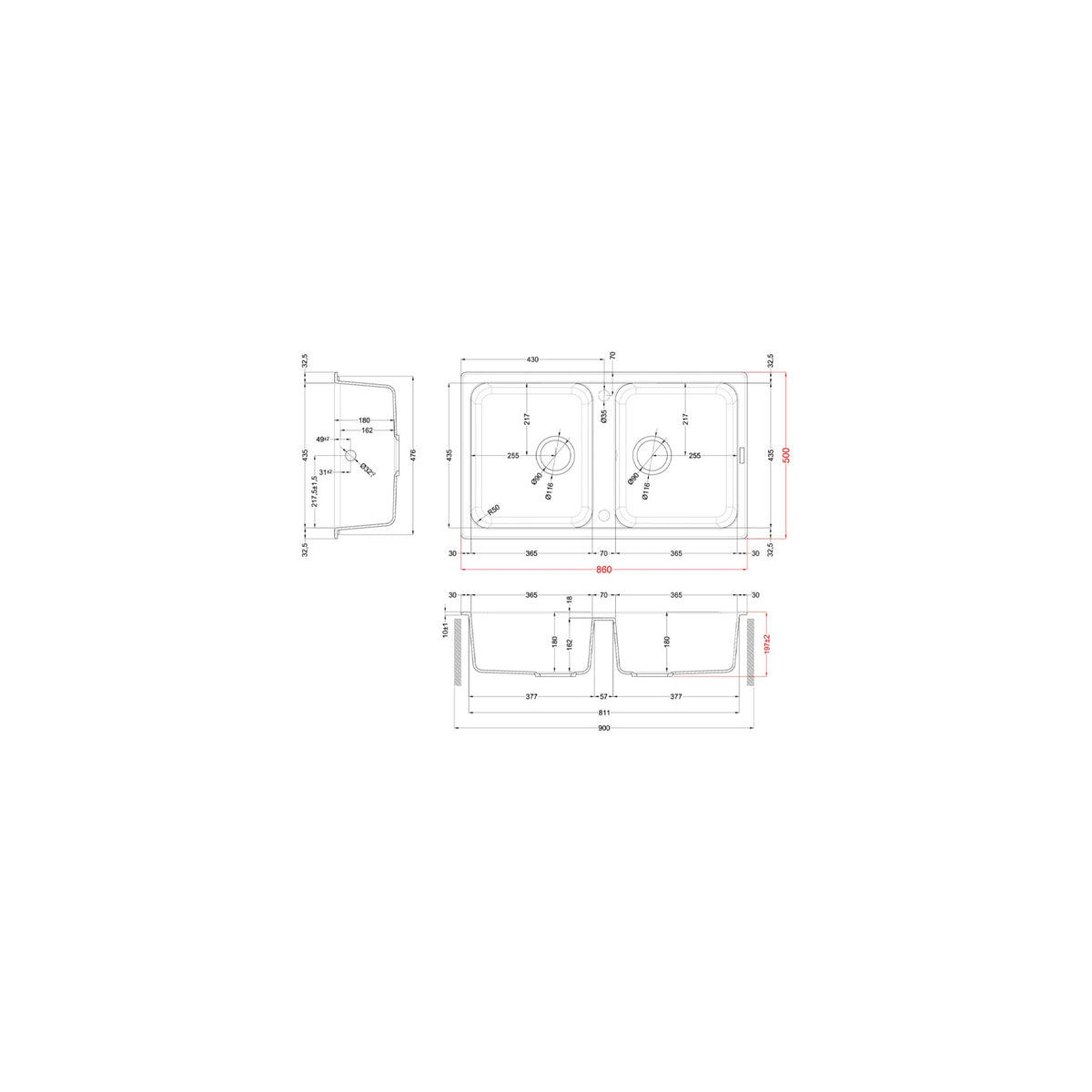ELLECI LG245059 LAVELLO 2 VASCHE 86x50 IN GRANITEK ANTRACITE