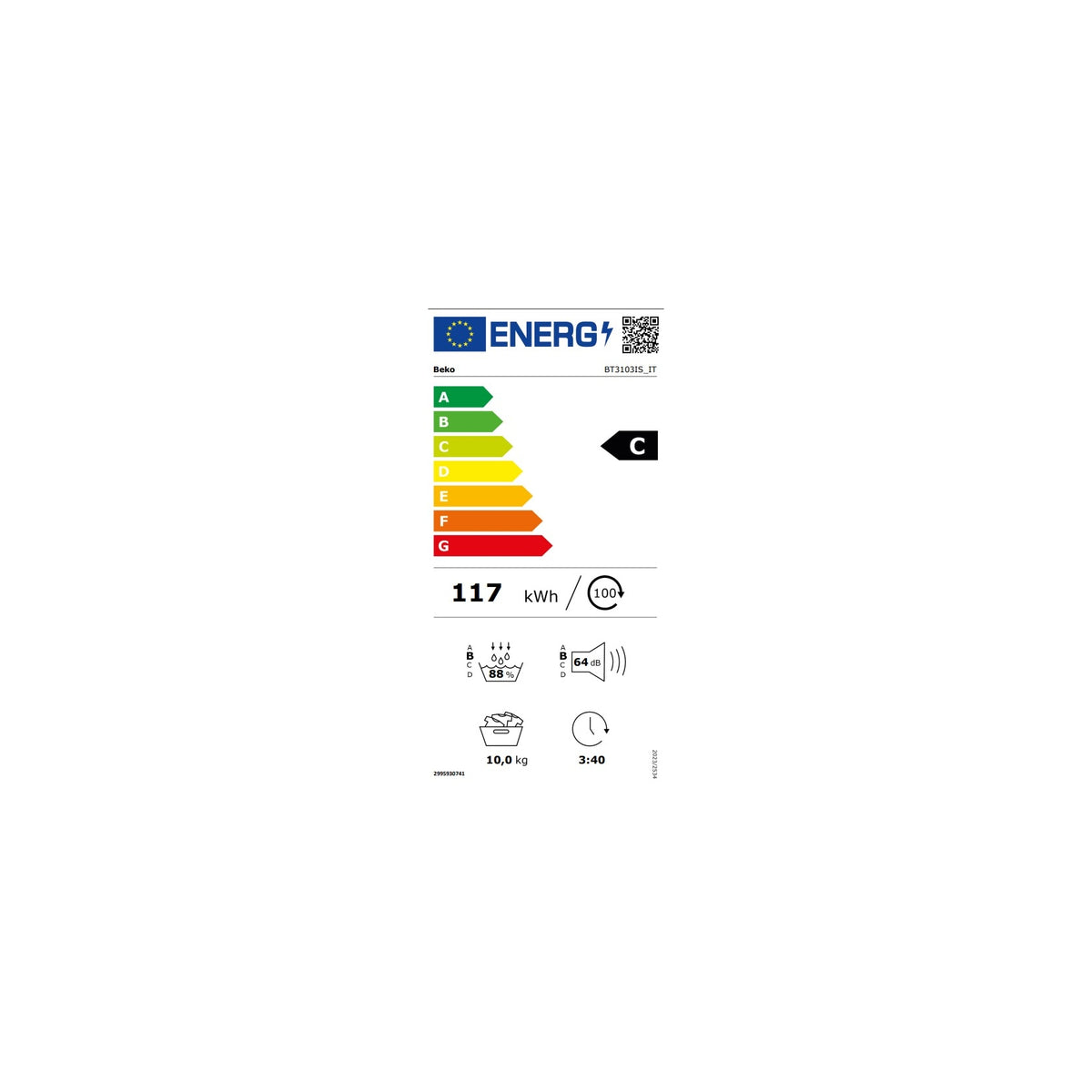 Beko Asciugatrice 10Kg  BT3103IS_IT Funzione Vapore Classe C