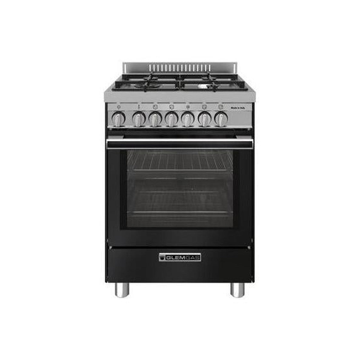 Glem Gas ST664MBK Cucina a Gas 60x60Cm, 4 Fuochi, Forno Elettrico, Classe A+, Colore Nero/Inox