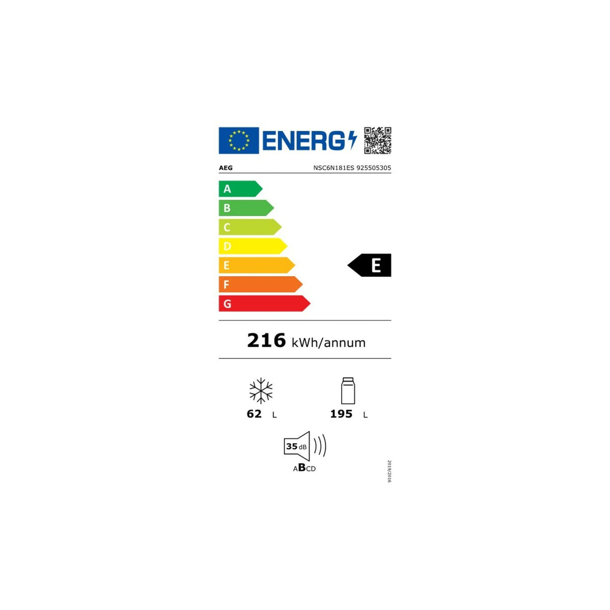Aeg NSC6N181ES Frigorifero Combinato Total No Frost 257Lt, Classe E
