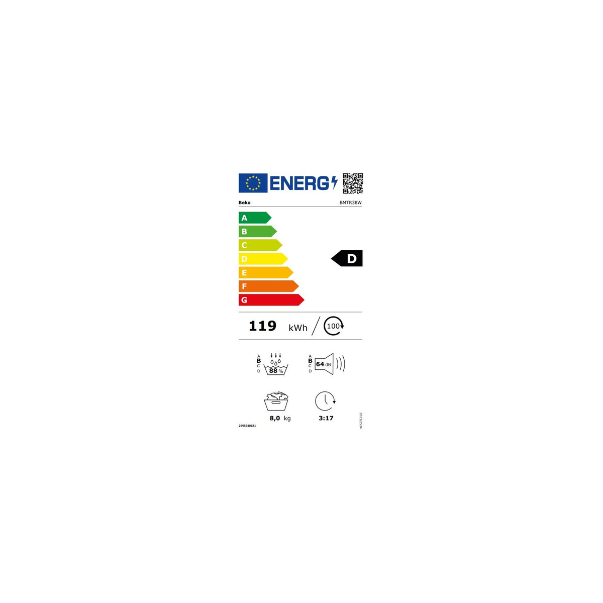 Beko BMTR38W Asciugatrice 8Kg, Pompa di calore Classe D