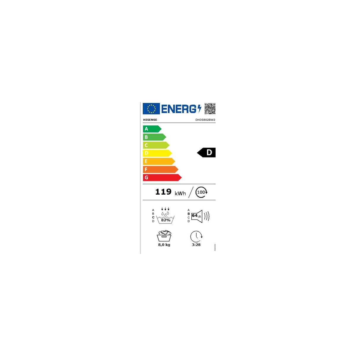 HISENSE DH3S802BW2 ASCIUGATRICE POMPA DI CALORE 8KG WIFI OBLO' REVERSIBILE CLASSE D (EX A+++)