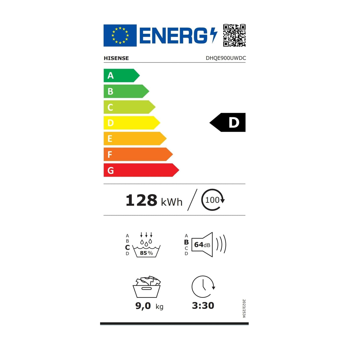 Hisense DHQE900UWDC Asciugatrice a Pompa di calore, 9 Kg, 15 programmi, Classe D