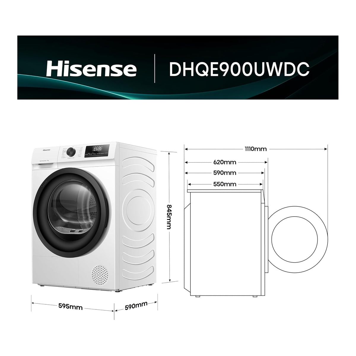 Hisense DHQE900UWDC Asciugatrice a Pompa di calore, 9 Kg, 15 programmi, Classe D