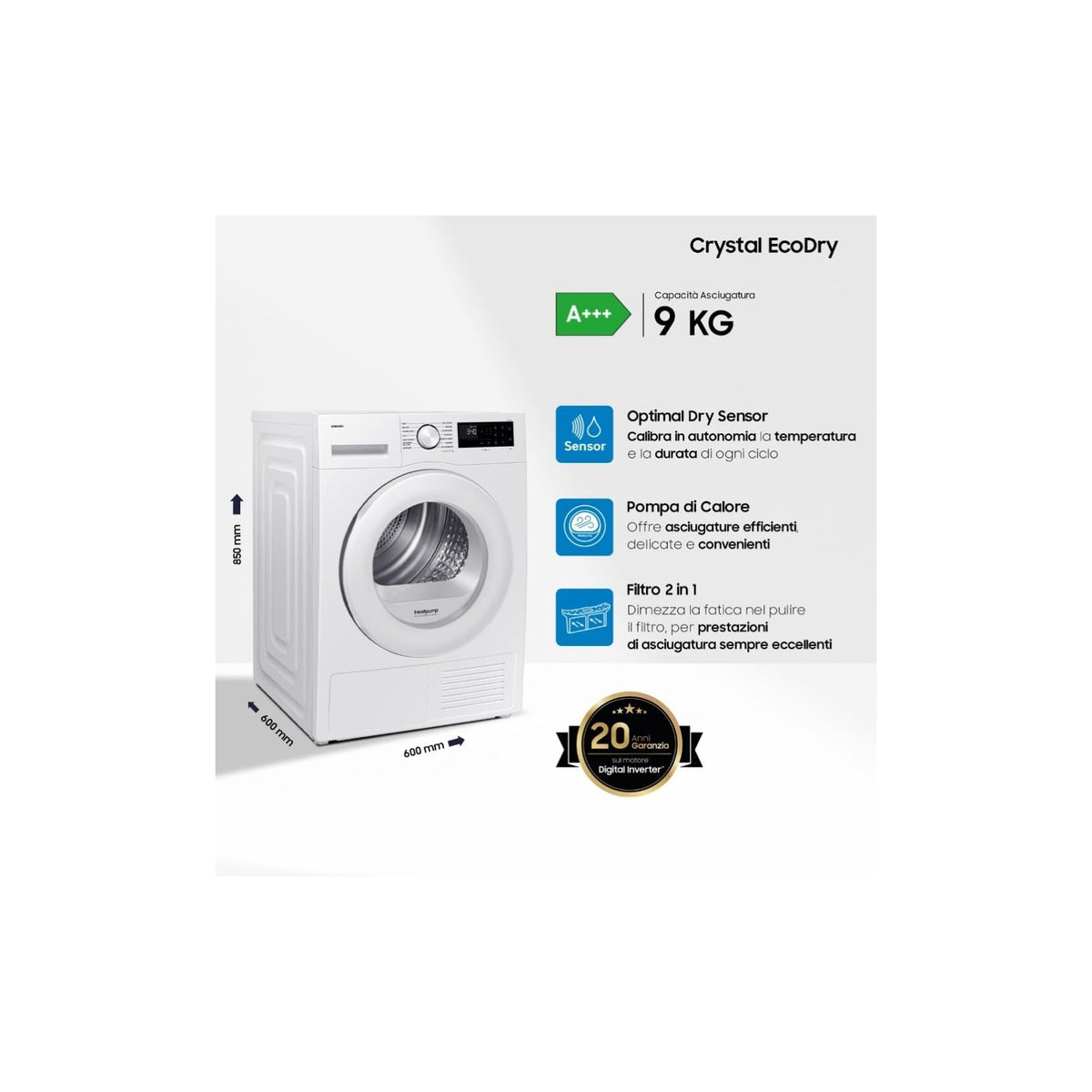 Samsung DV90DG52A0TEET Asciugatrice 9Kg, Poma di calore, Wifi, Classe C
