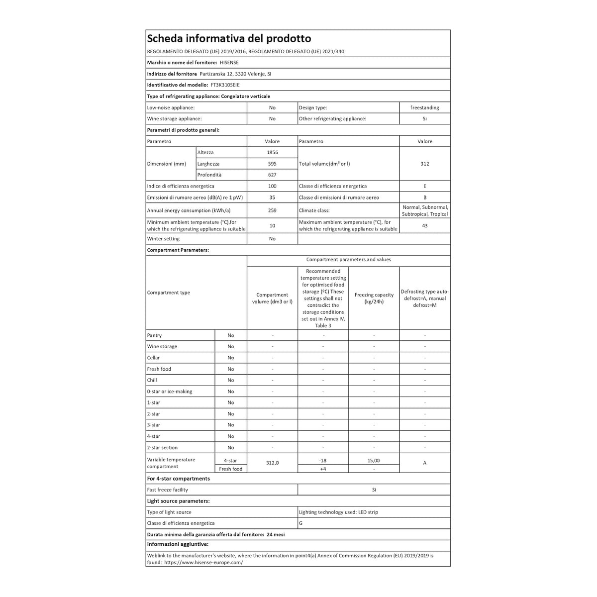 HISENSE FT3K310SEIE CONGELATORE VERTICALE 312LT TOTAL NO FROST INOX CLASSE E