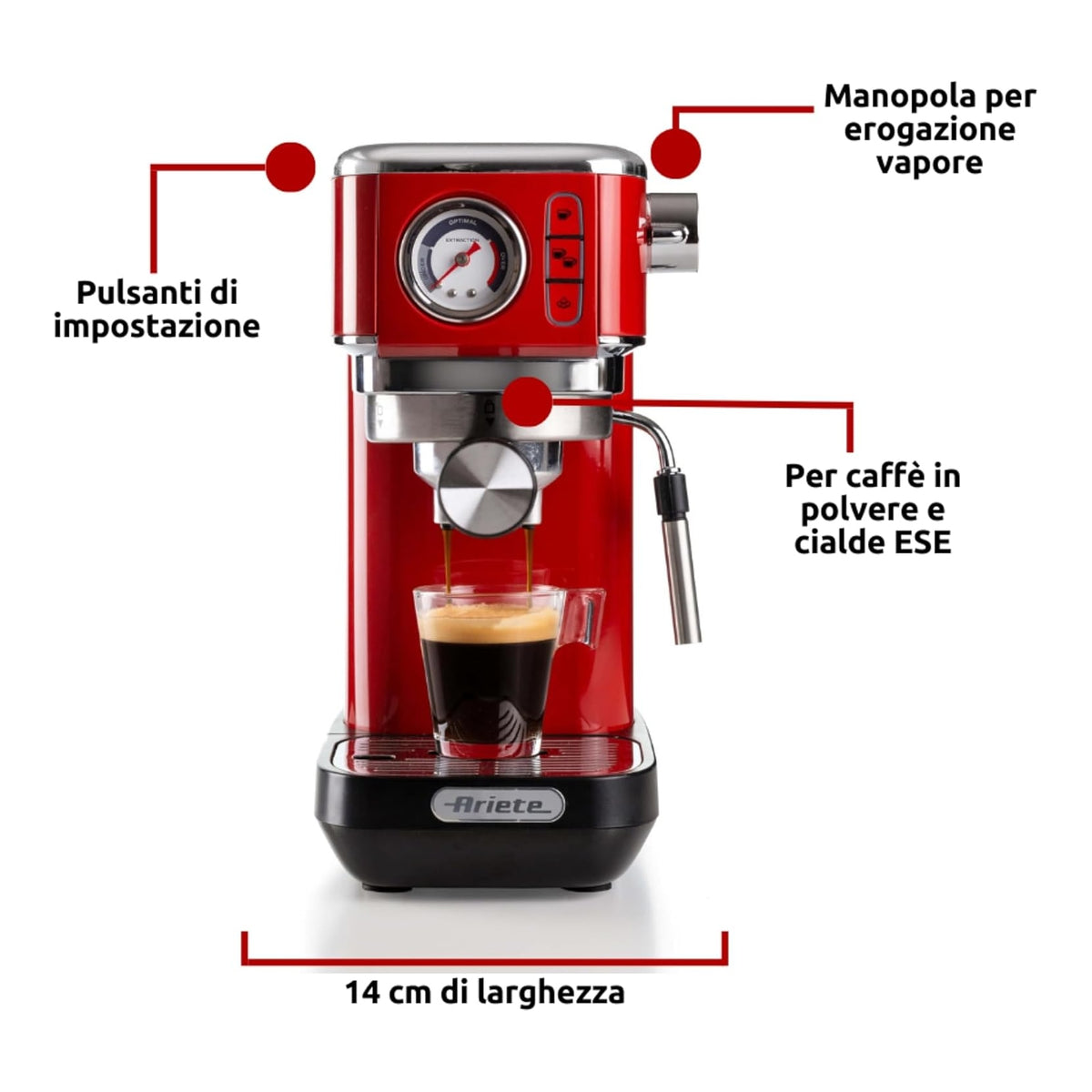 ARIETE 1381 MACCHINA DA CAFFE' ESPRESSO PER CIALDE O MACINATO 1300W SERBATOIO 1,1 LT ROSSO