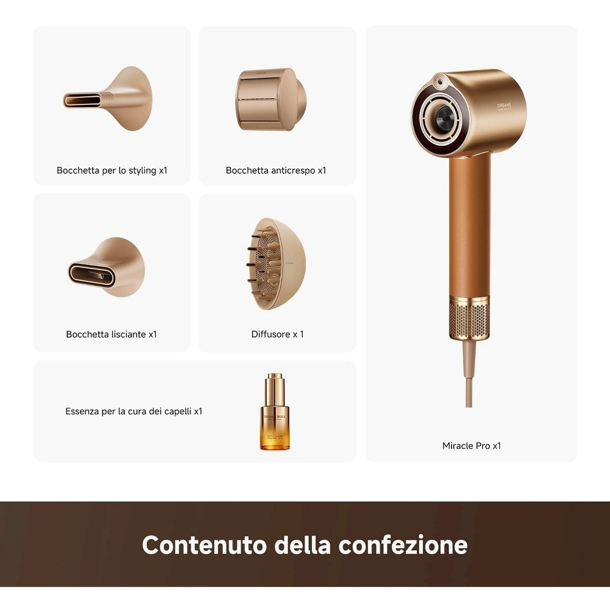 DREAME MIRACLE PRO ASCIUGACAPELLI 1600W 4 TEMPERATURE COLORE ORO