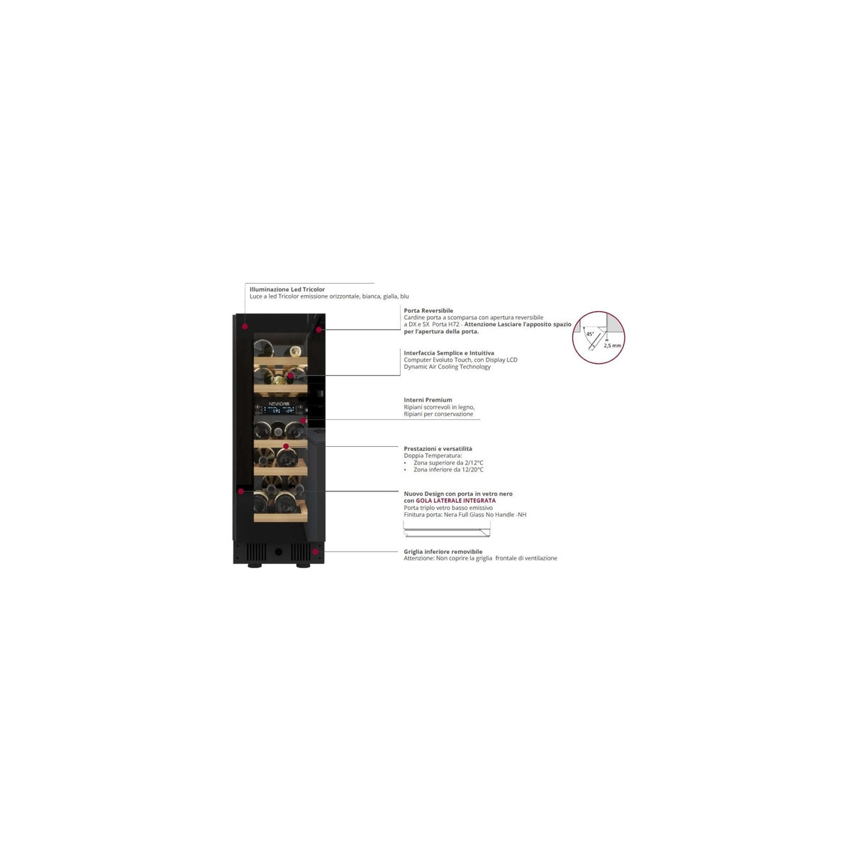 NEVADA NNW82-20D-BFG-NH Cantinetta vini da incasso 17 Bottiglie 2 temperature