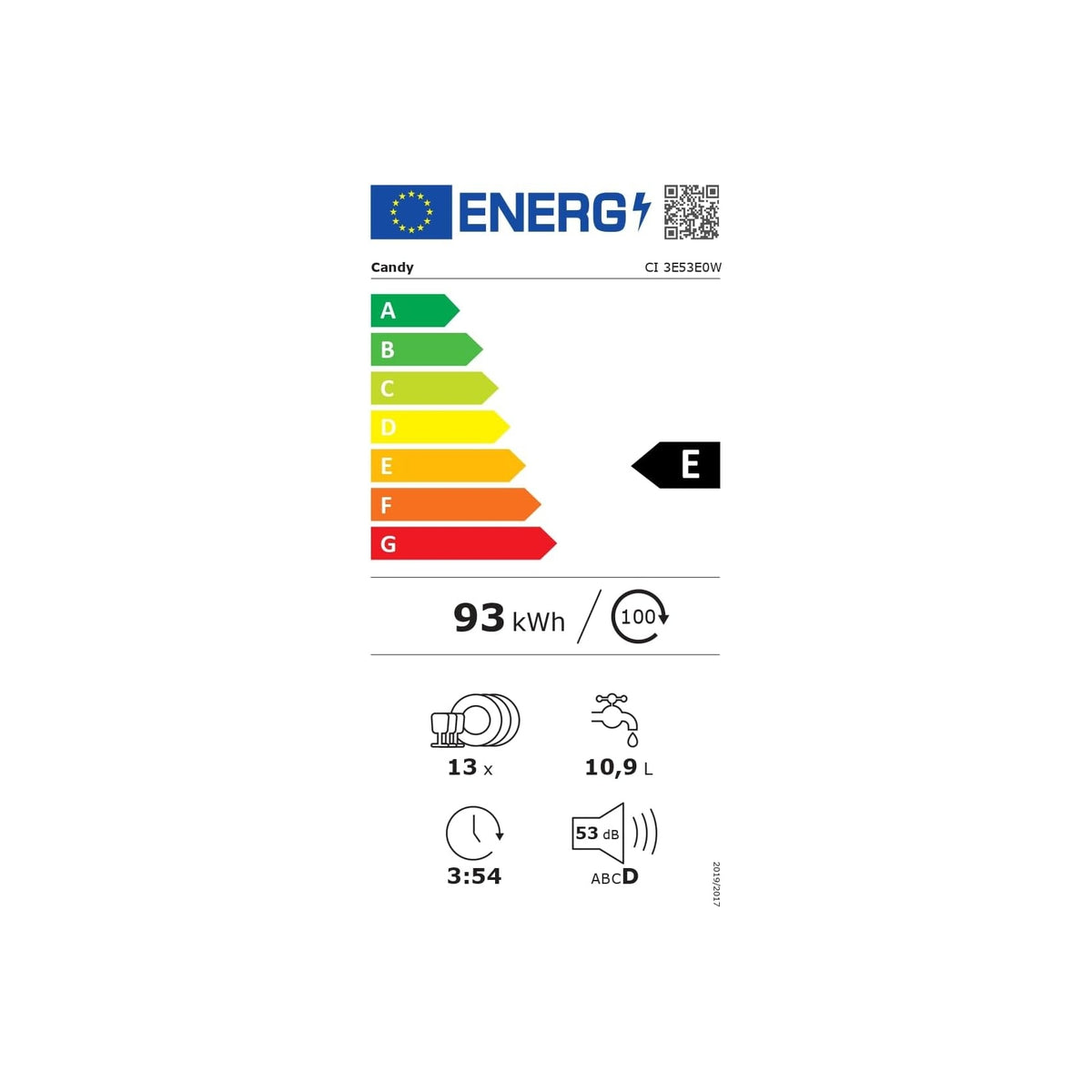 CANDY CI 3E53E0W LAVASTOVIGLIE DA INCASSO A SCOMPARSA TOTALE 13 COPERTI INVERTER CLASSE E - CI3E53E0W