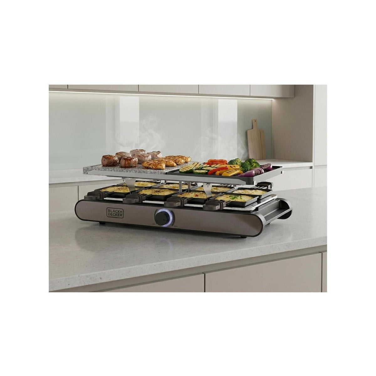 Black e Decker BXFC1400E Raclette elettrica con padelline per 8 persone + Piastra grill + pietra naturale