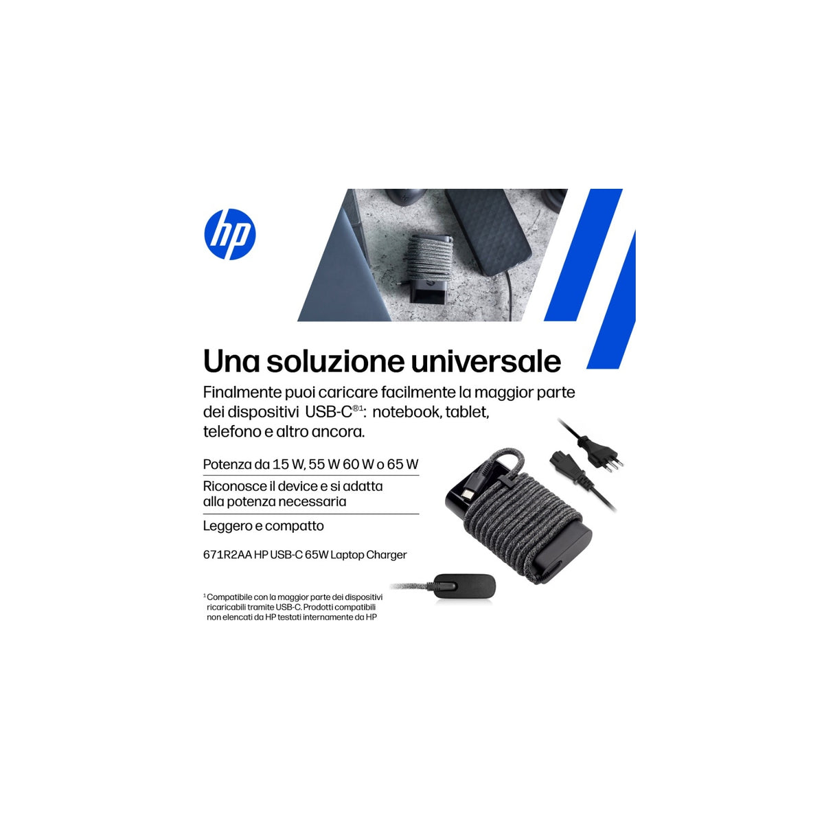 Hp 671R2AA 	Alimentatore Usb-C da 65W compatibile con Notebook, Tablet, Smartphone HP