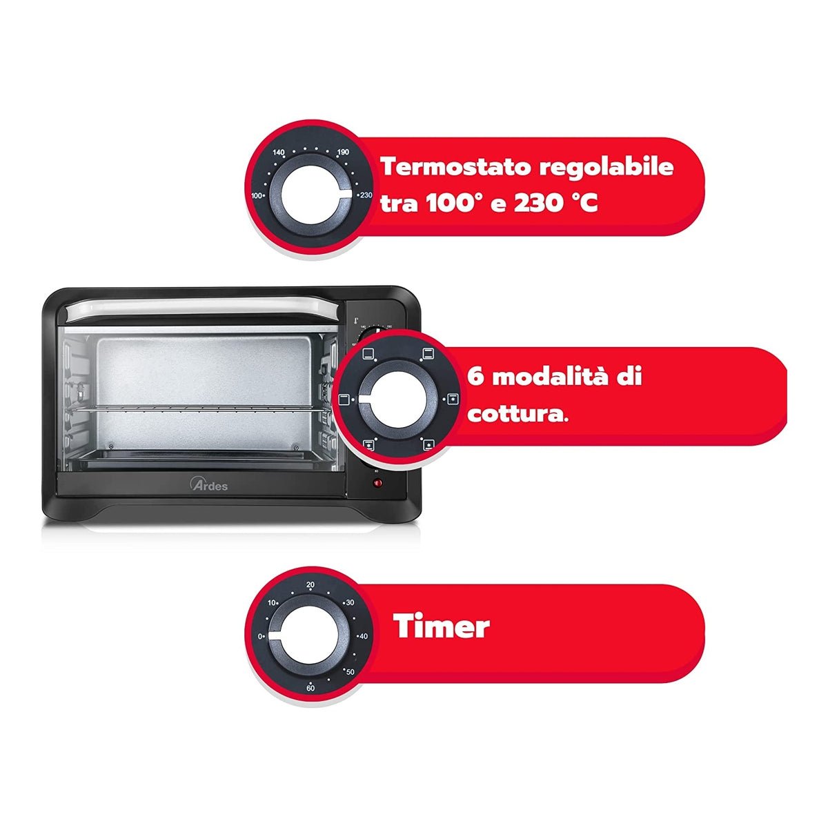 ARDES AR6222PB FORNETTO ELETTRICO VENTILATO 20 LT 1380 W COLORE NERO