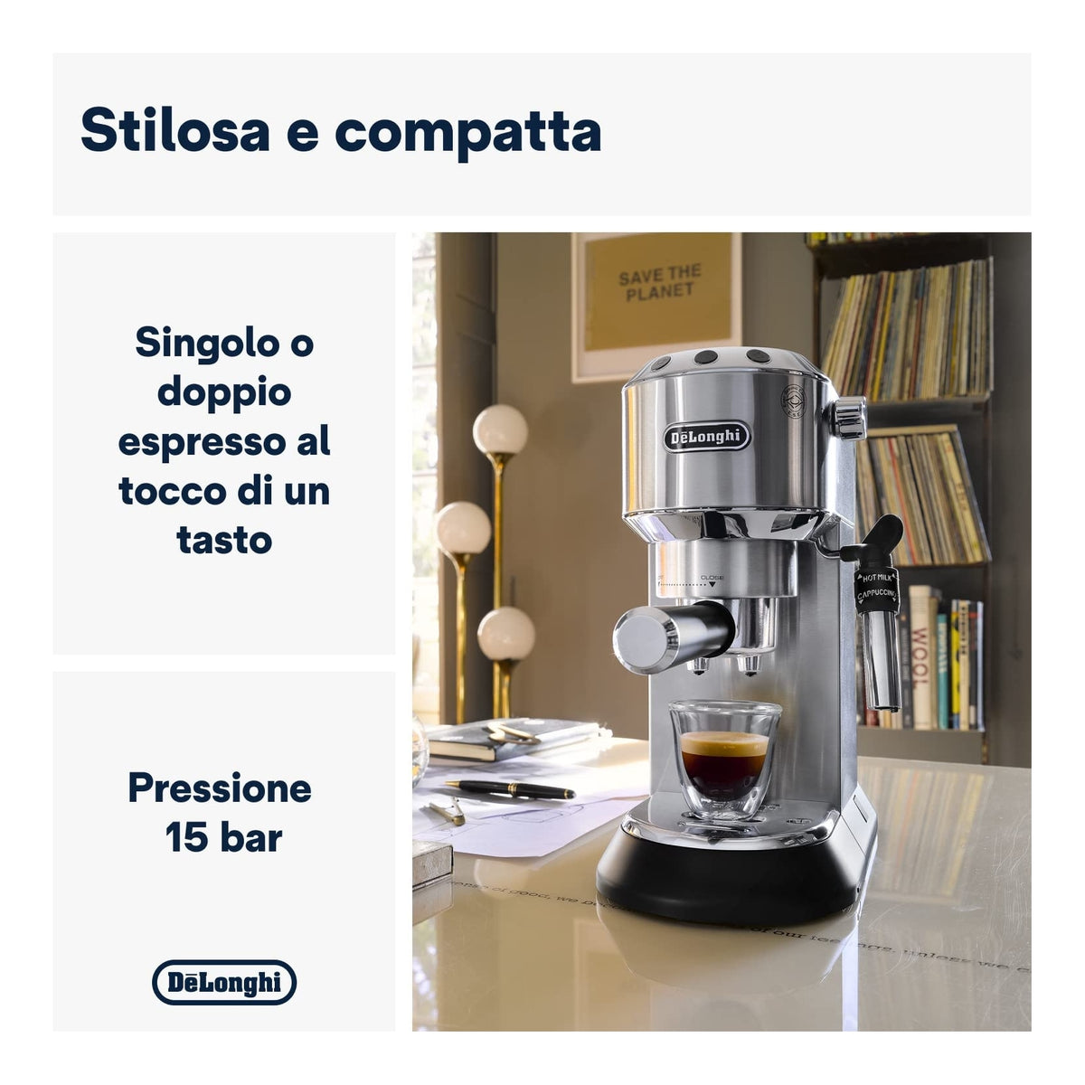 DE LONGHI DEDICA EC685.M MACCHINA DA CAFFE' PER CIALDE O MACINATO CAPPUCCINATORE SILVER