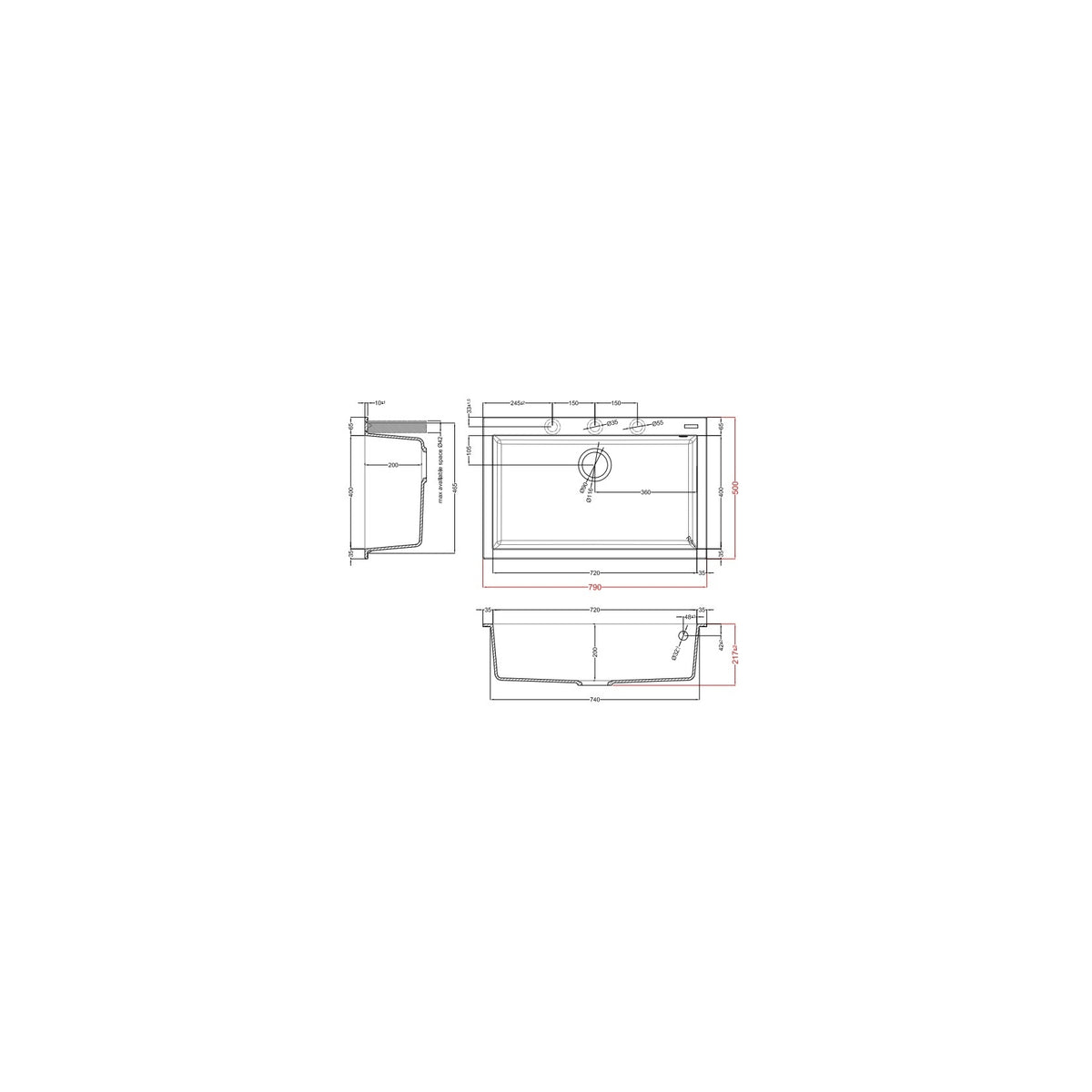 ELLECI LGQ13048 QUADRA 130 LAVELLO 1 VASCA 79CM COLORE CEMENTO GRANITEK