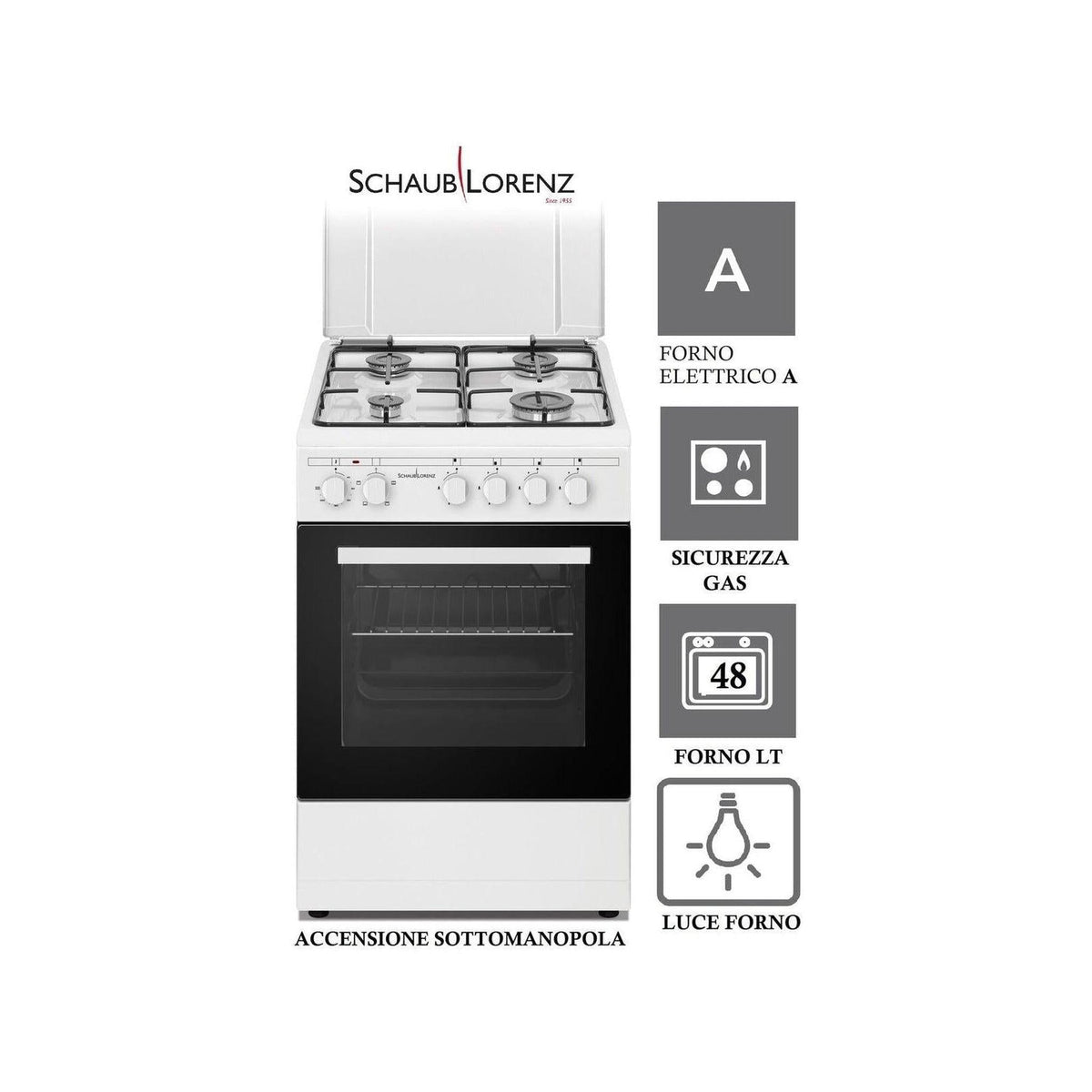 SCHAUB LORENZ SS450EW CUCINA 50X50 4 FUOCHI A GAS FORNO ELETTRICO COLORE BIANCO