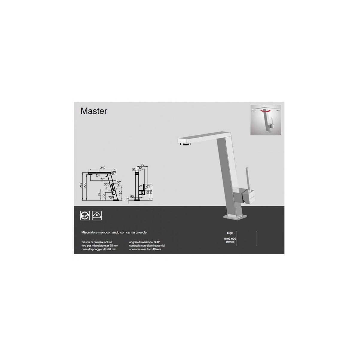 FOSTER 8493 000 MASTER MISCELATORE MONOCOMANDO CANNA GIREVOLE CROMATO