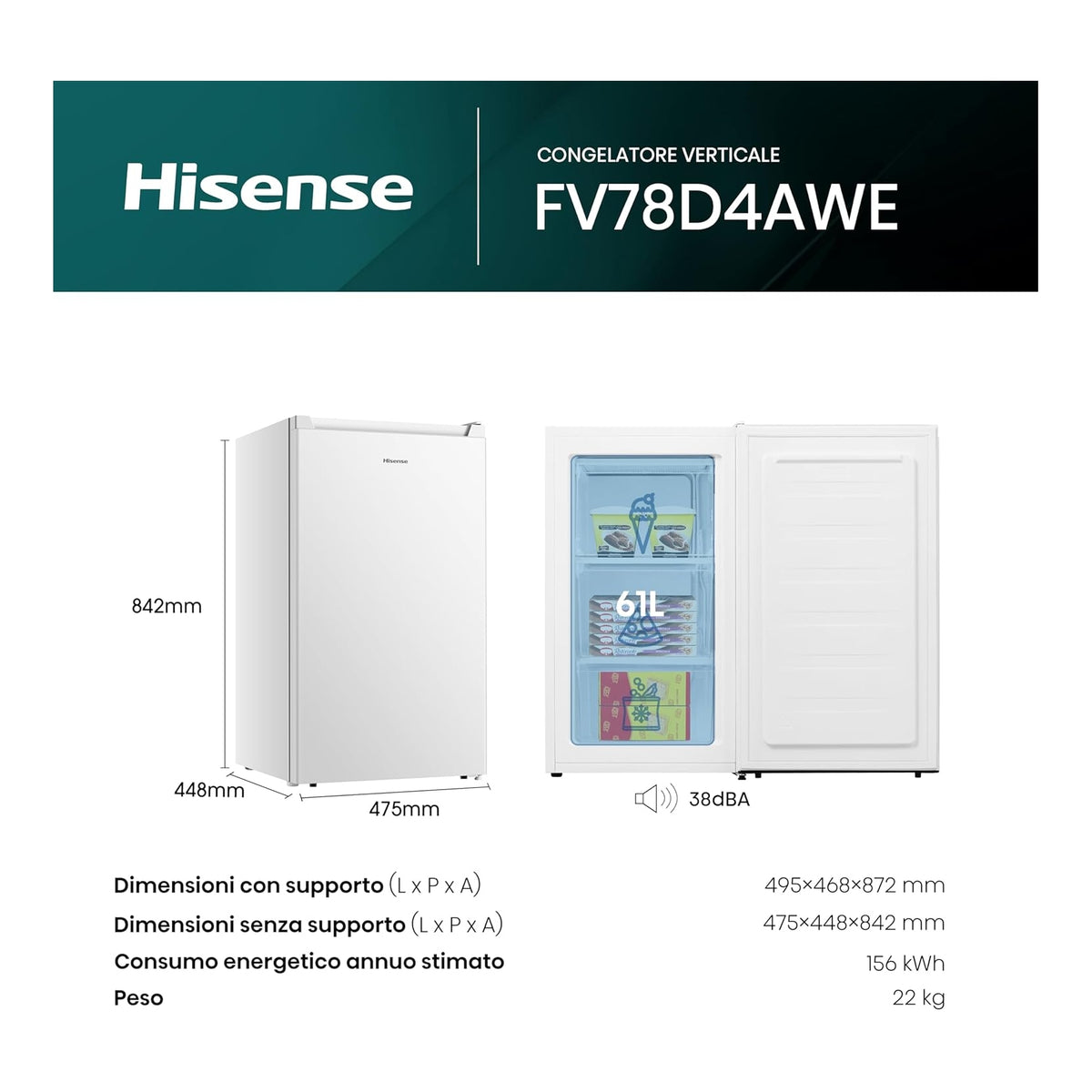 HISENSE FV78D4AWE CONGELATORE VERTICALE 61LT 3 CASSETTI CLASSE E COLORE BIANCO