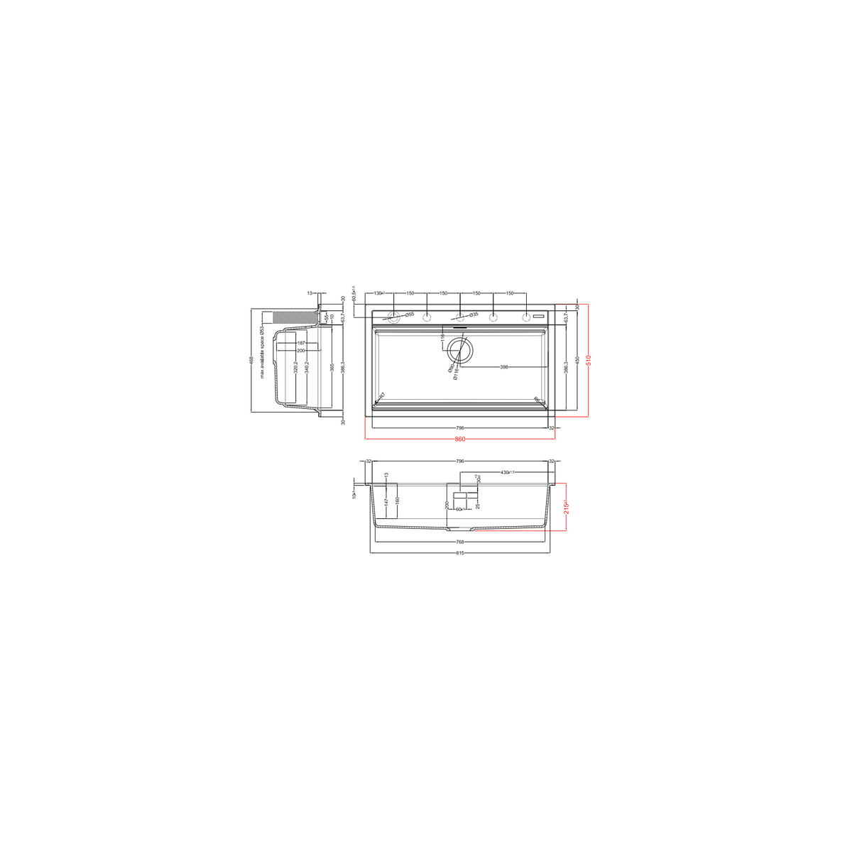 ELLECI LKB36086 BEST 360 LAVELLO MONOVASCA 86x51 CM COLORE NERO