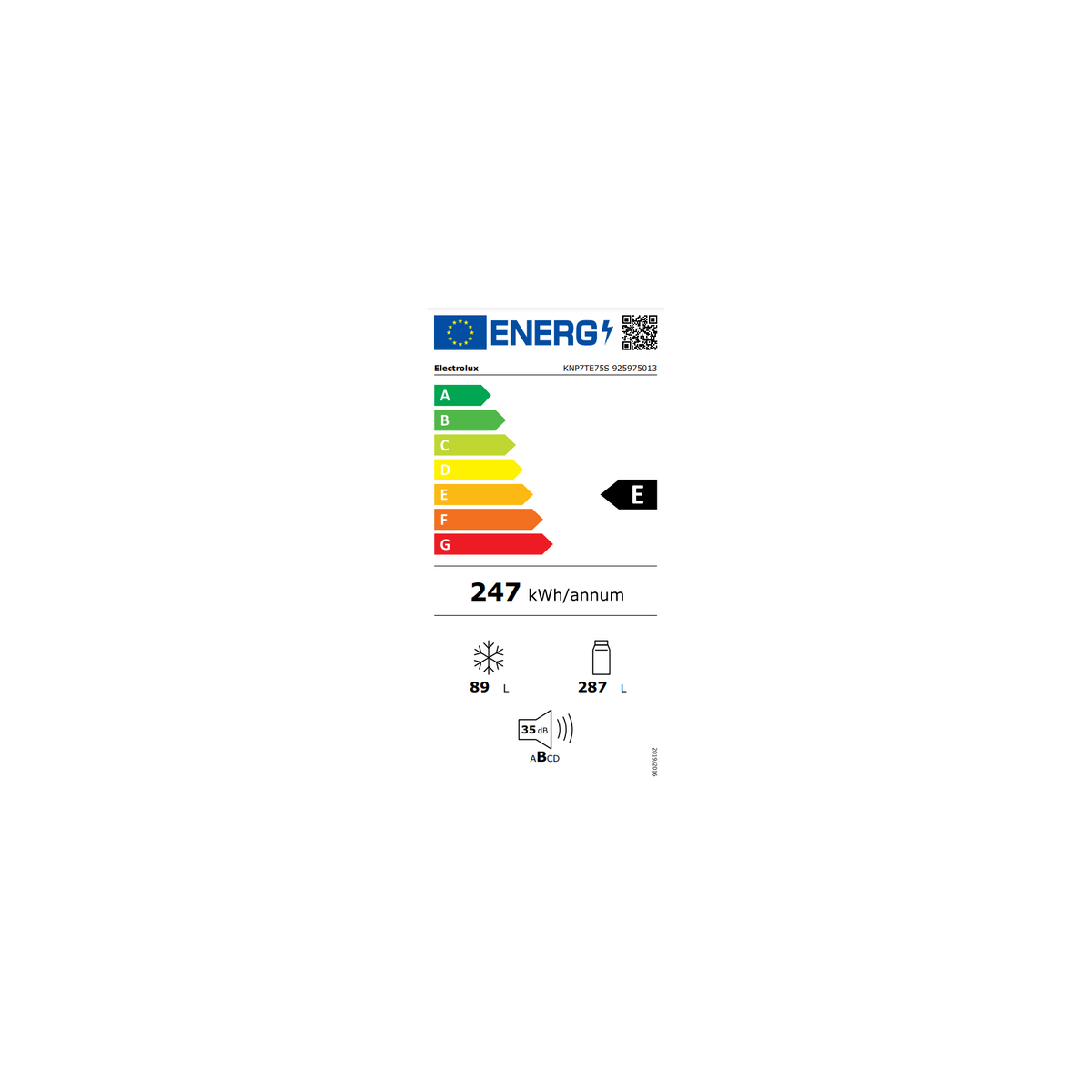 ELECTROLUX KNP7TE75S FRIGORIFERO COMBINATO DA INCASSO TOTAL NO FROST 376LT CLASSE E